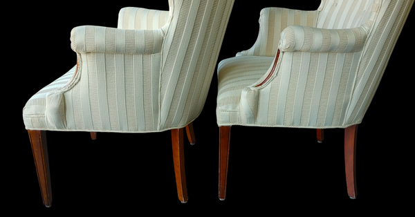Vintage Mahogany Butterfly Wing Back Chairs Nuetral Cream Upholstery - A Pair