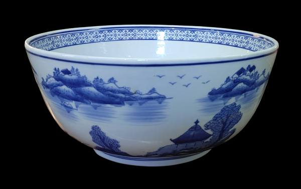 Large Chinese Blue and White Landscape Decor Bowl
