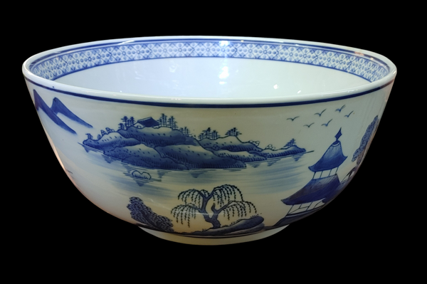 Large Chinese Blue and White Landscape Decor Bowl