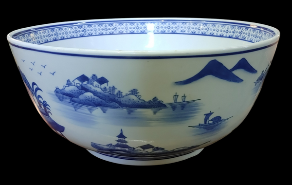 Large Chinese Blue and White Landscape Decor Bowl