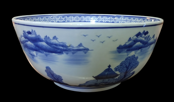 Large Chinese Blue and White Landscape Decor Bowl