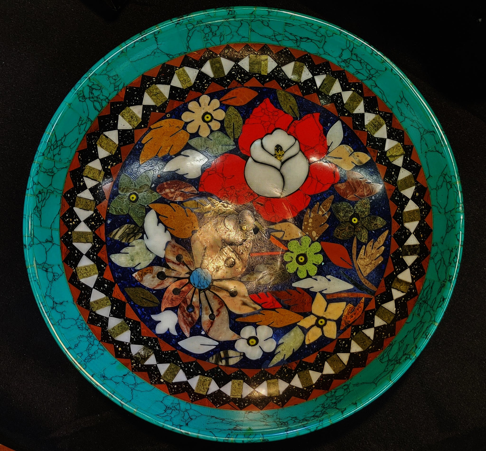 Handmade Afghanistan Inlaid Polished Stone Lapis Lazuli Mosaic Centerpiece Bowl