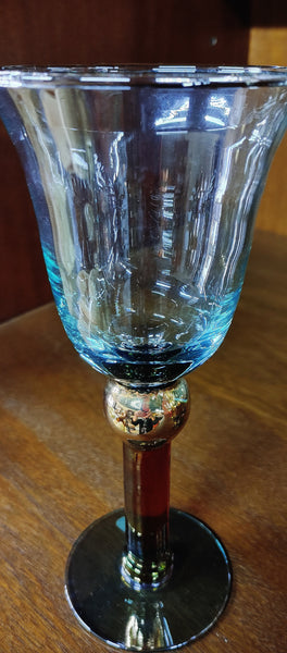 Vintage Blown Glass Wine Glasses Gold Ball Stem Aqua Glass 9"