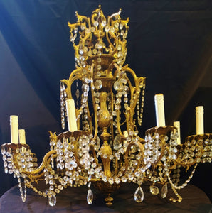 Vintage Gilt Metal Crystal Beaded French Style Chandelier 8 Light