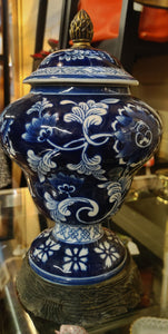 Blue and White Asian Porcelain Urn Ginger Jar on Pedestal