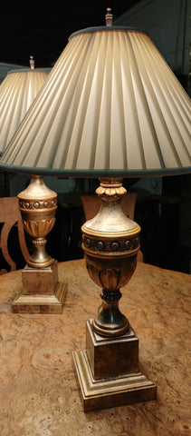 Gold Gilt Urn Style Table Lamps on Stand Pair