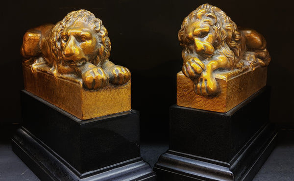 Vintage Lion Bookends on Base Black Gold - PAIR