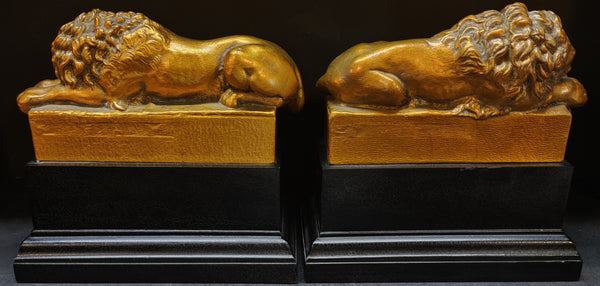 Vintage Lion Bookends on Base Black Gold - PAIR