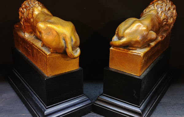 Vintage Lion Bookends on Base Black Gold - PAIR