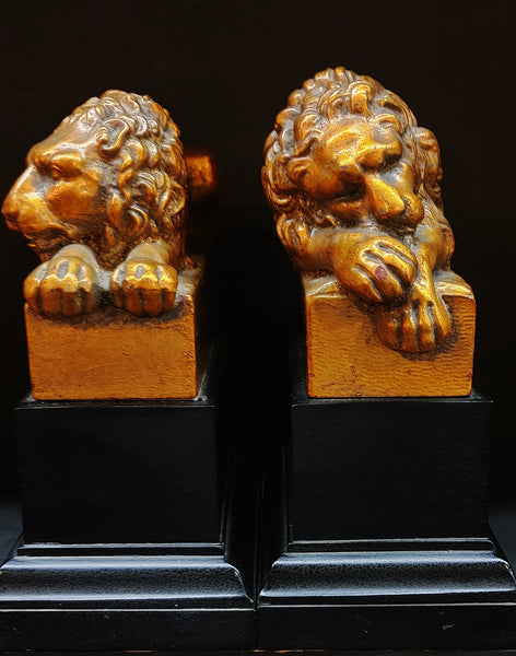 Vintage Lion Bookends on Base Black Gold - PAIR