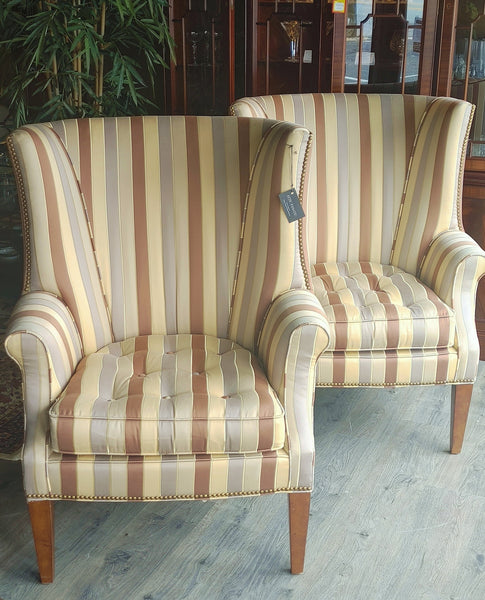 Striped Wing Back Chairs by Heirloom/Century Furniture - A Pair