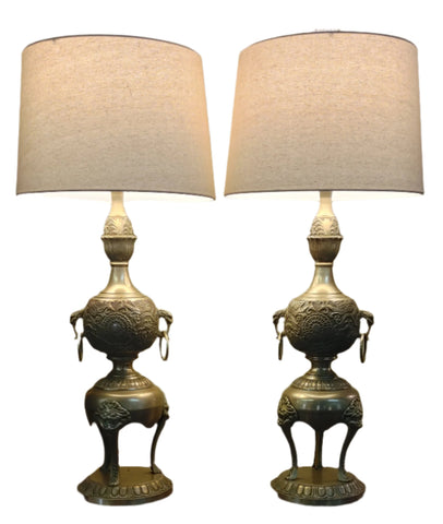 Vintage Brass Foo Dog Chinoiserie Brass Table Lamps - PAIR