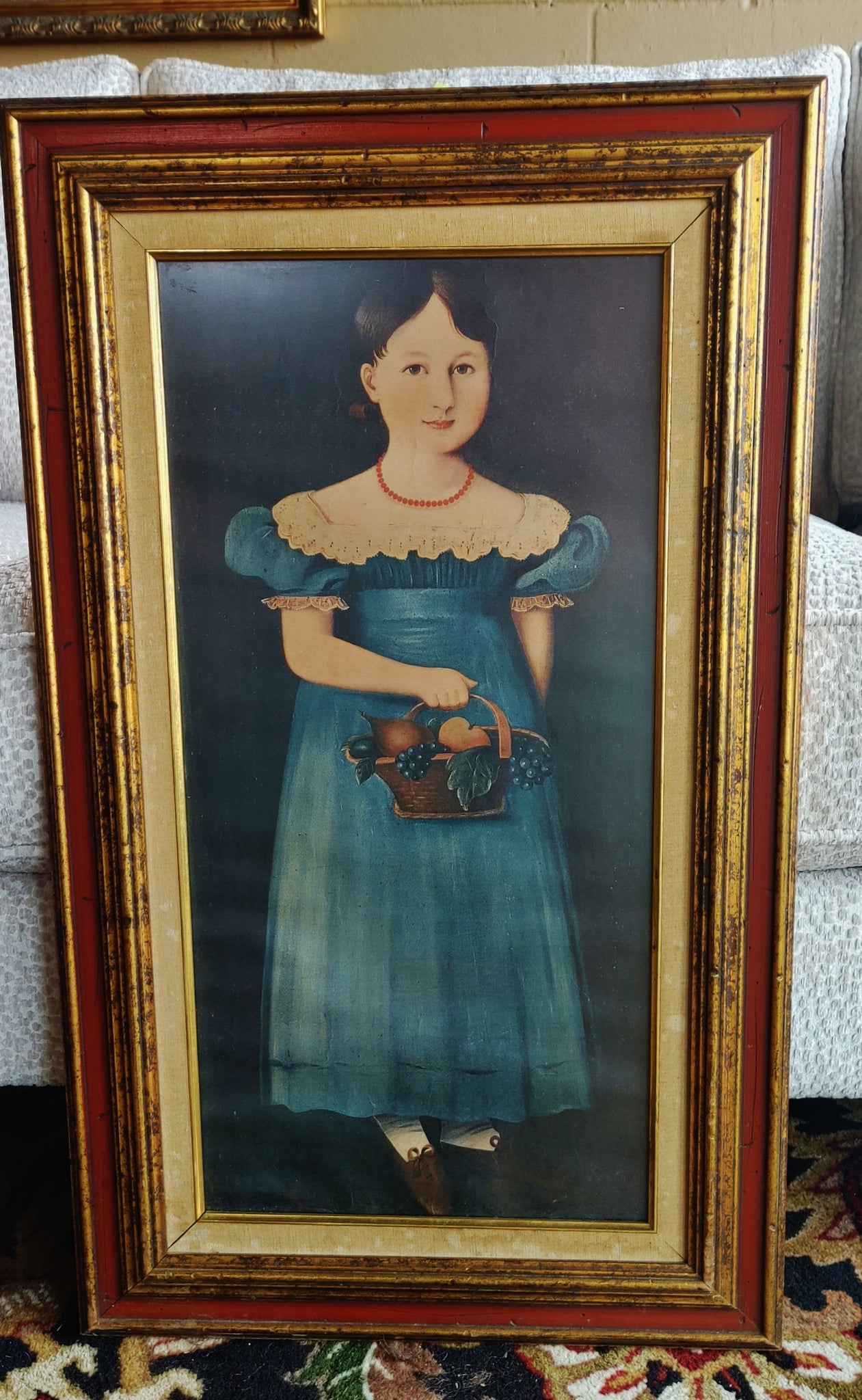 Full Portrait Print Young Girl With Flower Basket Regency Style