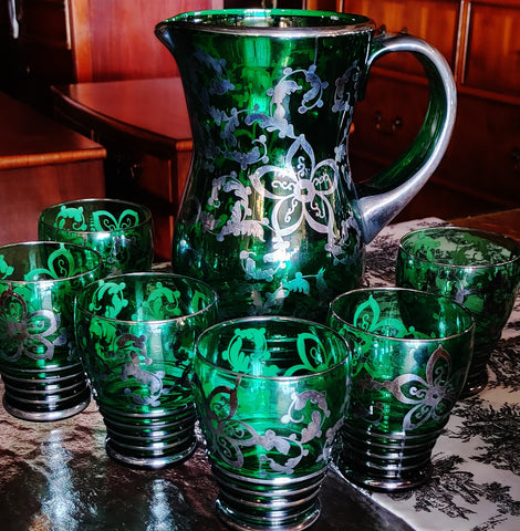 Italian Green Glass Sterling Bar Ware Pitcher Glasses Drink Set