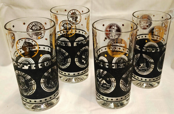 Mid Century World Coin Highball Cocktail Glasses Bar Ware Set of 4