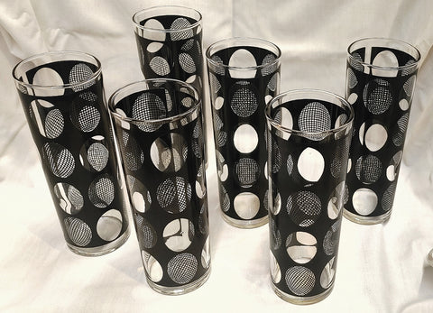 Vintage Mid Century Black Dot Highball Cocktail Glasses Bar Ware