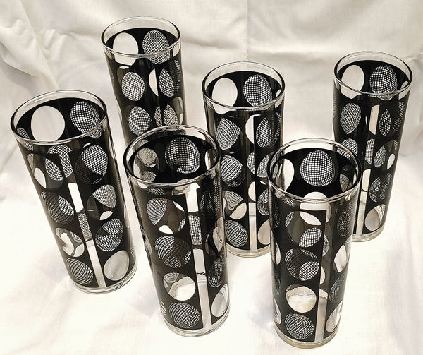 Vintage Mid Century Black Dot Highball Cocktail Glasses Bar Ware