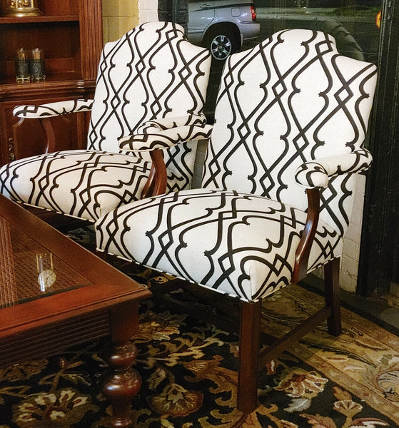 French Style Open Arm Chairs Updated Geometric Upholstery - A Pair