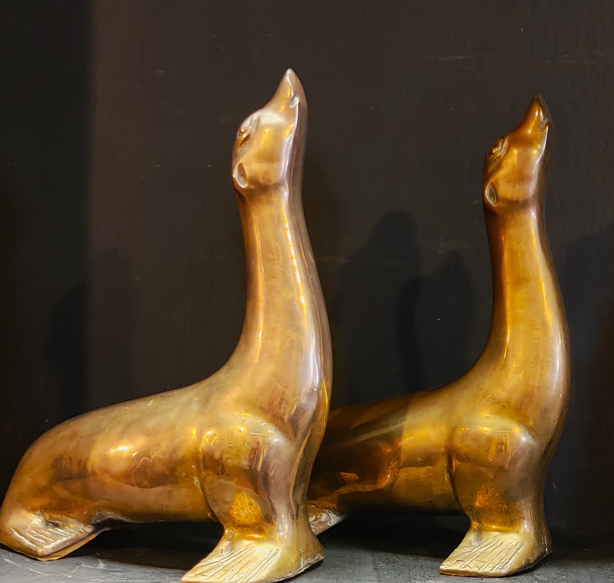 Vintage MCM Brass Sea Lion Figurines 11 Inch - A Pair
