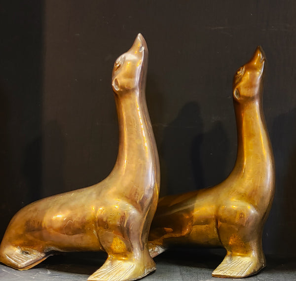 Vintage MCM Brass Sea Lion Figurines 11 Inch - A Pair