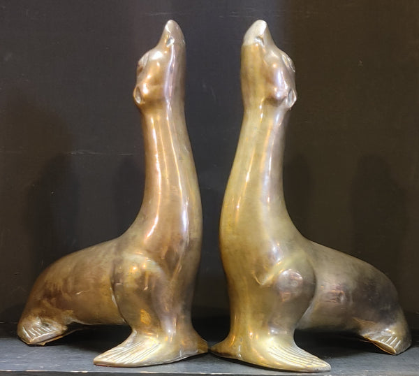 Vintage MCM Brass Sea Lion Figurines 11 Inch - A Pair