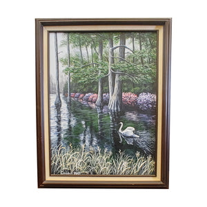 Signed Original Oil Painting Swan Lake Iris Gardens SC Artist Campbell Frost