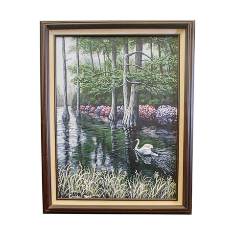Signed Original Oil Painting Swan Lake Iris Gardens SC Artist Campbell Frost