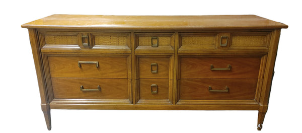 Thomasville MCM 9-Drawer Wood and Wicker Style Dresser Credenza Console