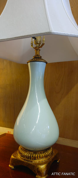 Pair Seagreen Crackle Ceramic Teardrop Footed Table Lamps