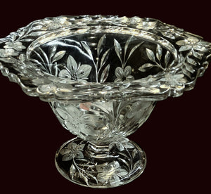 Antique Heavy Cut Glass Floral Pedestal Centerpiece Footed Bowl Compote Fruit Bowl