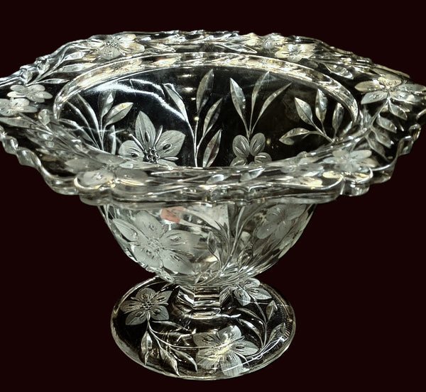 Antique Pedestal Bowl Etched Floral Early American Pressed Glass EAPG