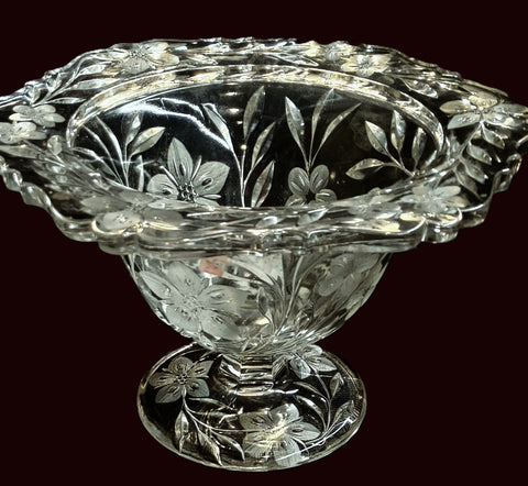 Antique Heavy Cut Glass Floral Pedestal Centerpiece Footed Bowl Compote Fruit Bowl