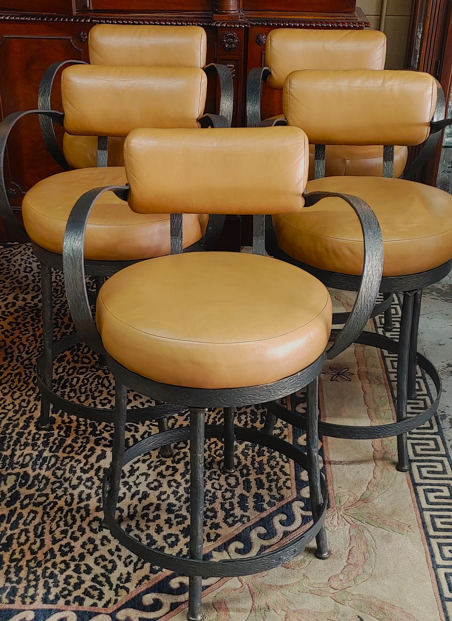 Cedarvale Wrought Iron & Leather Swivel Counter Stools - Set of 5