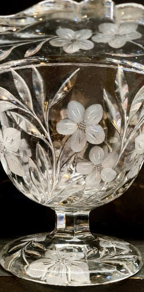 Antique Pedestal Bowl Etched Floral Early American Pressed Glass EAPG