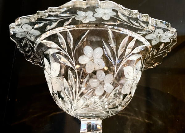 Antique Pedestal Bowl Etched Floral Early American Pressed Glass EAPG