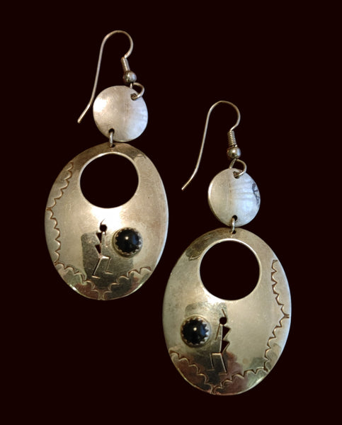 Sterling Silver 925 Onyx Kokopelli Native American Southwestern Wire Earrings