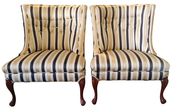 Vintage Hollywood Regency Striped Slipper Chairs Black Gold Cream