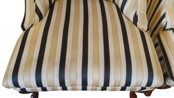 Vintage Hollywood Regency Striped Slipper Chairs Black Gold Cream