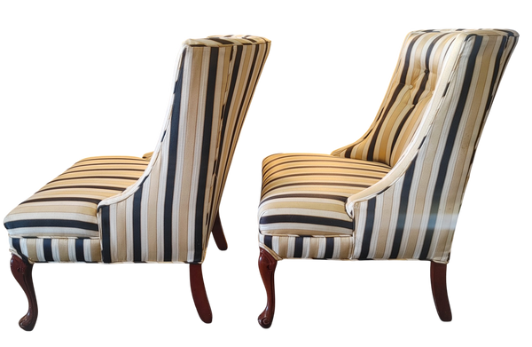 Vintage Hollywood Regency Striped Slipper Chairs Black Gold Cream