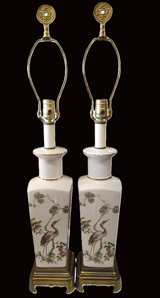 Pair Chinoiserie Porcelain Heron Motif Table Lamps