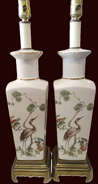 Pair Chinoiserie Porcelain Heron Motif Table Lamps