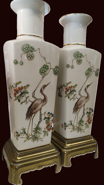Pair Chinoiserie Porcelain Heron Motif Table Lamps