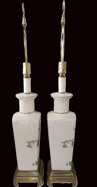 Pair Chinoiserie Porcelain Heron Motif Table Lamps