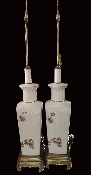 Pair Chinoiserie Porcelain Heron Motif Table Lamps
