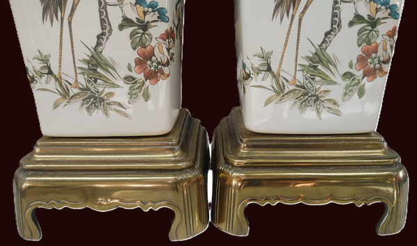 Pair Chinoiserie Porcelain Heron Motif Table Lamps