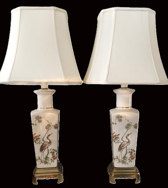 Pair Chinoiserie Porcelain Heron Motif Table Lamps
