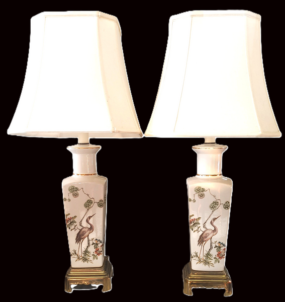 Pair Chinoiserie Porcelain Heron Motif Table Lamps