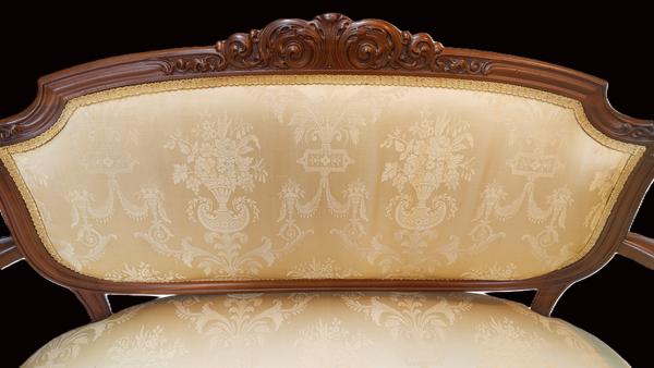 Antique Louis XV Style Carved Walnut Loveseat Settee Yellow Brocade