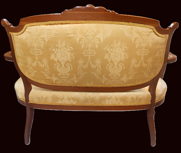 Antique Louis XV Style Carved Walnut Loveseat Settee Yellow Brocade