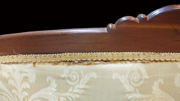 Antique Louis XV Style Carved Walnut Loveseat Settee Yellow Brocade